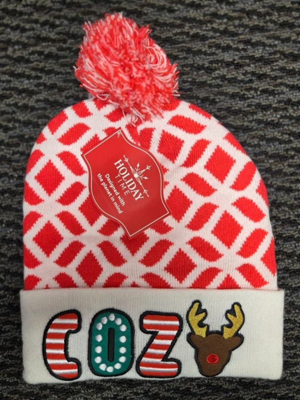 Holiday Time Christmas Reindeer Beanie Women's Knit Hat Pom Pom Red Cozy NWT